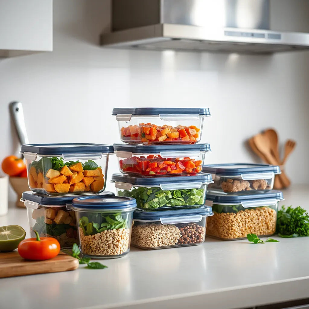 Stacked meal prep containers with matching lids arranged neatly on a kitchen counter