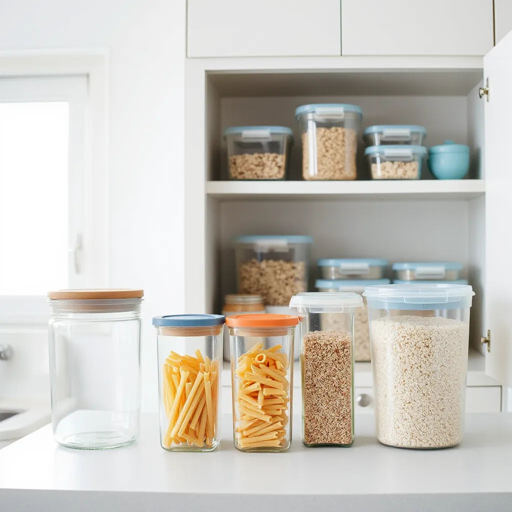 Neatly arranged kitchen containers on a countertop and pantry shelf with clear lids