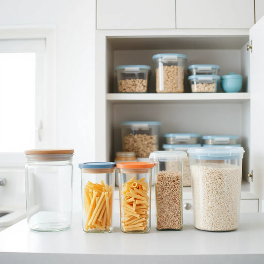 Neatly arranged kitchen containers on a countertop and pantry shelf with clear lids