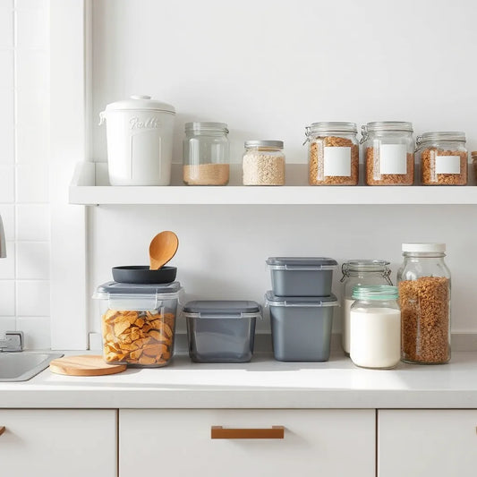 BPA-free airtight storage containers and glass pantry jars neatly arranged in a bright kitchen