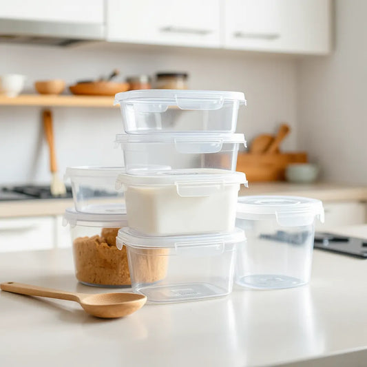 Clear stackable kitchen storage containers with airtight lids organized on a bright countertop.