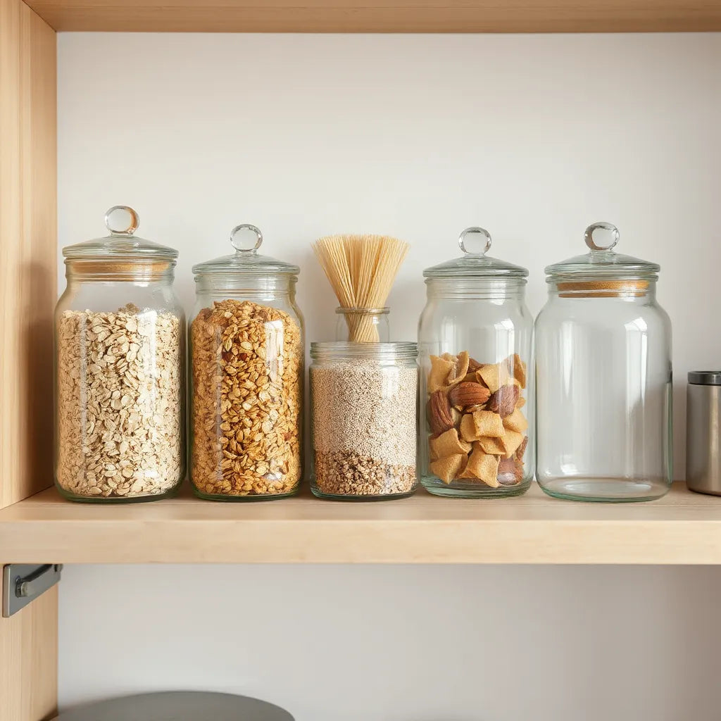 Clear storage jars with matching lids filled with pantry staples on a wooden shelf