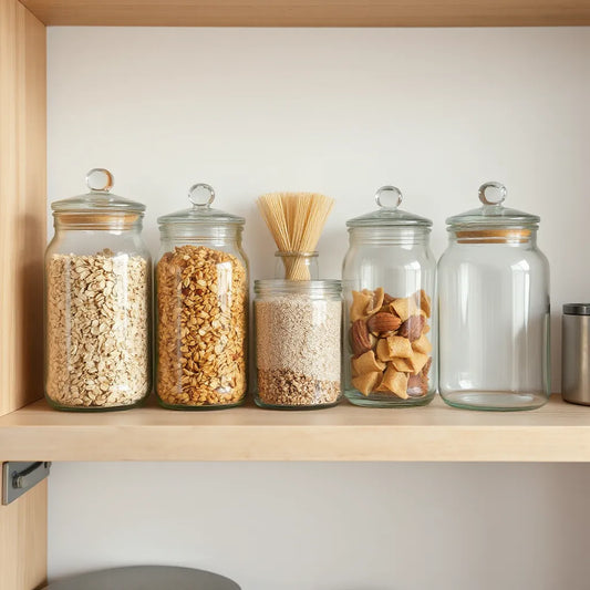 Clear storage jars with matching lids filled with pantry staples on a wooden shelf