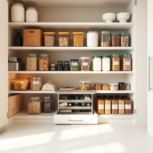 Neatly organized kitchen pantry shelves with clear bins, containers, and pull-out drawers