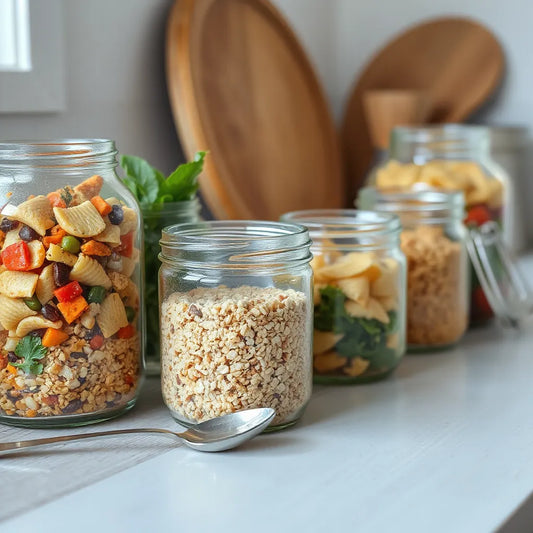 A row of modern airtight food jars with meal-prep ingredients on a clean kitchen countertop