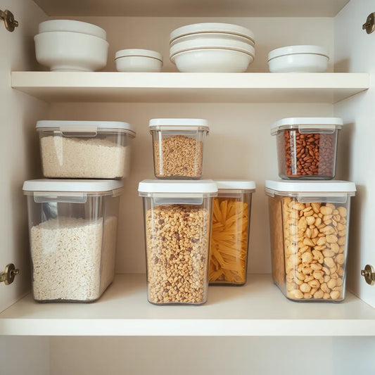 Clear sealed airtight containers on a tidy pantry shelf with dry pantry staples