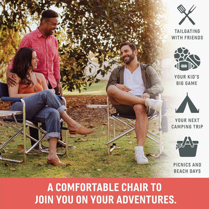 PICNIC TIME Lightweight Aluminum Sports Chair with Side Table and Armrest Caddy, Portable Folding Outdoor Camping Chair for Adults, Director Style Lawn Seating with Pockets and Carry Strap, Red