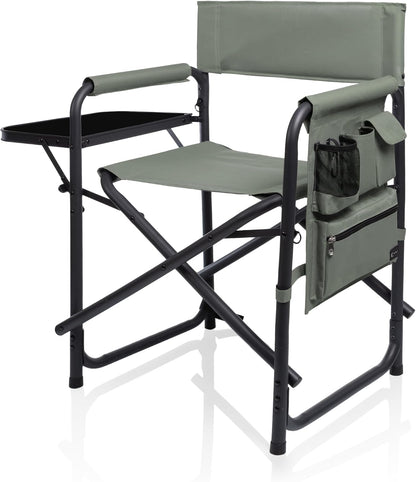 PICNIC TIME Lightweight Aluminum Sports Chair with Side Table and Armrest Caddy, Portable Folding Outdoor Camping Chair for Adults, Director Style Lawn Seating with Pockets and Carry Strap, Red