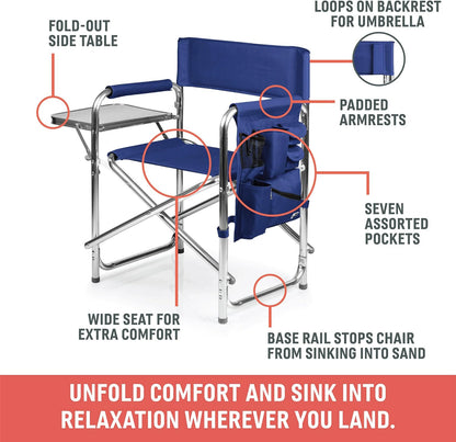 PICNIC TIME Lightweight Aluminum Sports Chair with Side Table and Armrest Caddy, Portable Folding Outdoor Camping Chair for Adults, Director Style Lawn Seating with Pockets and Carry Strap, Red