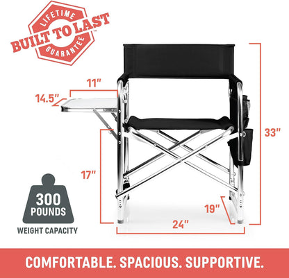 PICNIC TIME Lightweight Aluminum Sports Chair with Side Table and Armrest Caddy, Portable Folding Outdoor Camping Chair for Adults, Director Style Lawn Seating with Pockets and Carry Strap, Red