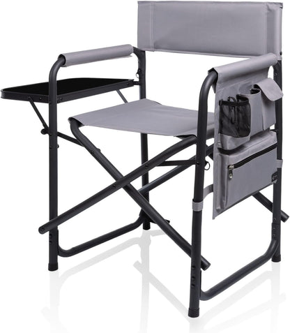 PICNIC TIME Lightweight Aluminum Sports Chair with Side Table and Armrest Caddy, Portable Folding Outdoor Camping Chair for Adults, Director Style Lawn Seating with Pockets and Carry Strap, Red