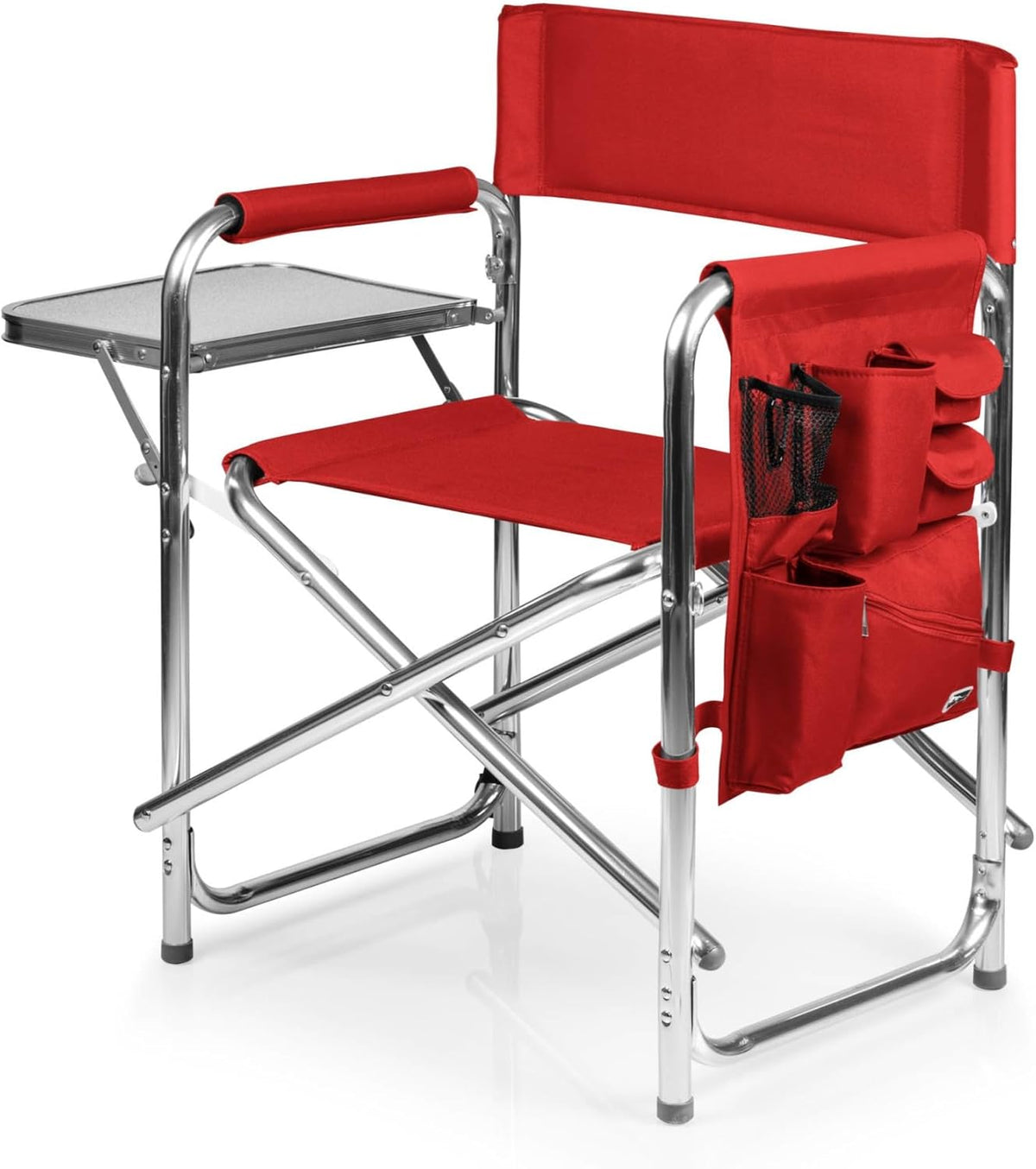 PICNIC TIME Lightweight Aluminum Sports Chair with Side Table and Armrest Caddy, Portable Folding Outdoor Camping Chair for Adults, Director Style Lawn Seating with Pockets and Carry Strap, Red