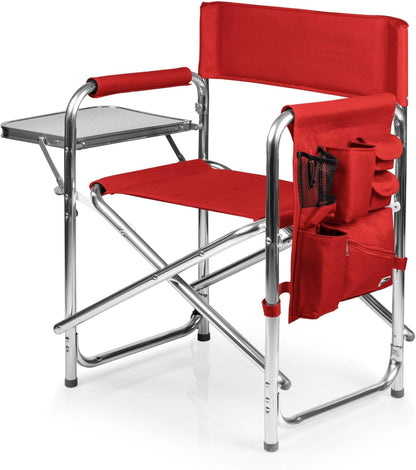 PICNIC TIME Lightweight Aluminum Sports Chair with Side Table and Armrest Caddy, Portable Folding Outdoor Camping Chair for Adults, Director Style Lawn Seating with Pockets and Carry Strap, Red