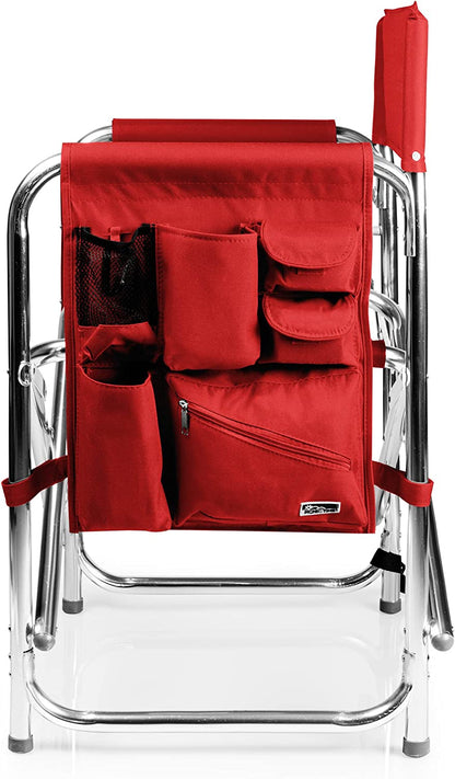 PICNIC TIME Lightweight Aluminum Sports Chair with Side Table and Armrest Caddy, Portable Folding Outdoor Camping Chair for Adults, Director Style Lawn Seating with Pockets and Carry Strap, Red