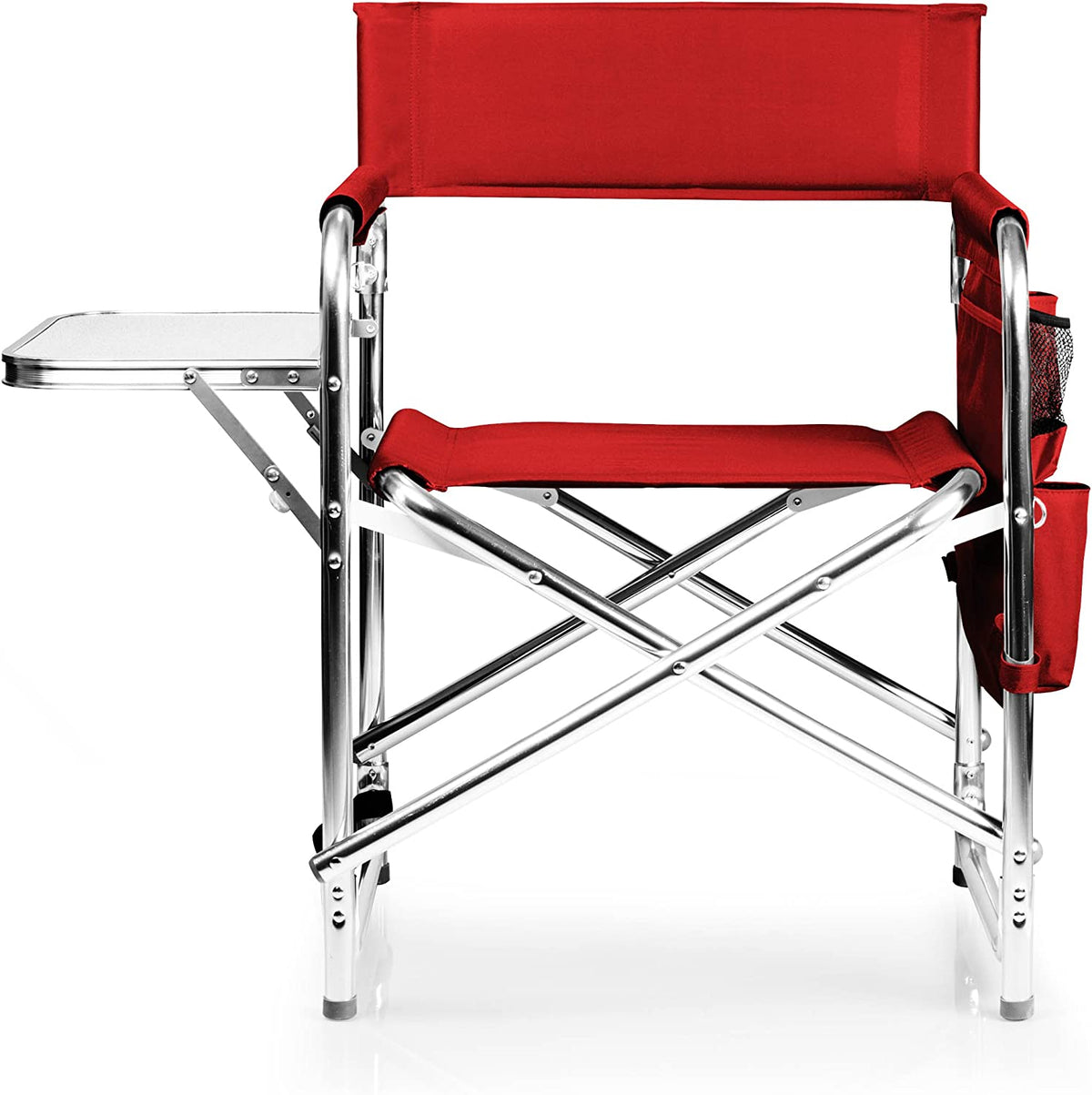 PICNIC TIME Lightweight Aluminum Sports Chair with Side Table and Armrest Caddy, Portable Folding Outdoor Camping Chair for Adults, Director Style Lawn Seating with Pockets and Carry Strap, Red