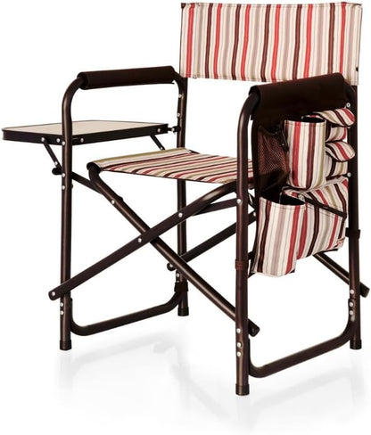 PICNIC TIME Lightweight Aluminum Sports Chair with Side Table and Armrest Caddy, Portable Folding Outdoor Camping Chair for Adults, Director Style Lawn Seating with Pockets and Carry Strap, Red