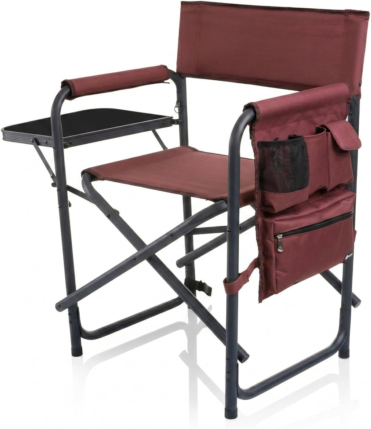 PICNIC TIME Lightweight Aluminum Sports Chair with Side Table and Armrest Caddy, Portable Folding Outdoor Camping Chair for Adults, Director Style Lawn Seating with Pockets and Carry Strap, Red